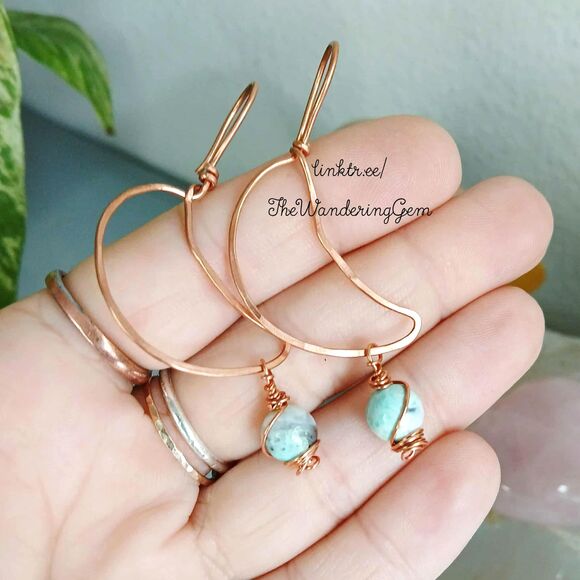 Upcycled Hammered Copper Crescent Moon Dangle Earrings, Gemstone Agate 2.5" - Picture 4 of 5